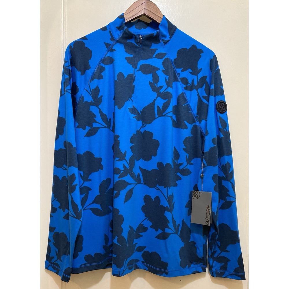 G/Fore Mens Pullover L Racer Blue Tonal Floral Luxe 1/4 Zip Golf Athletic Sporty